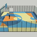 Indoor Basketball Court Interior With Colorful Geometric Floor And Basketball Hoop