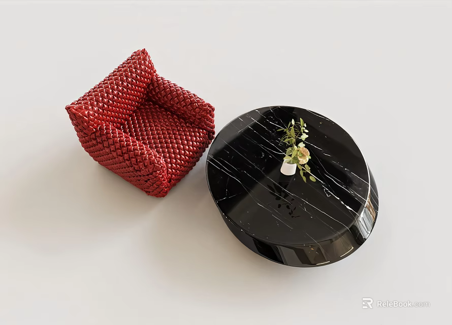 Red Woven Accent Chair with Black Round Marble Coffee Table and Small Plant 3d model 