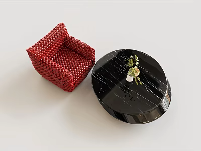 Red Woven Accent Chair with Black Round Marble Coffee Table and Small Plant 3d model