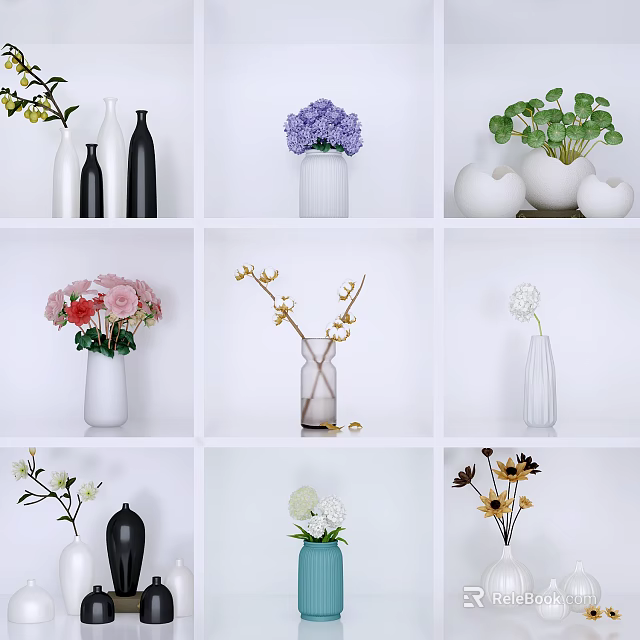 Various Types of Vases with Colorful Flowers Displayed on White Shelves 3d model 