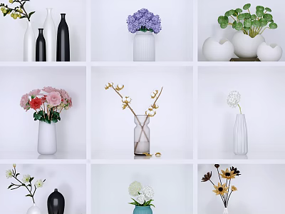 Various Types of Vases with Colorful Flowers Displayed on White Shelves 3d model