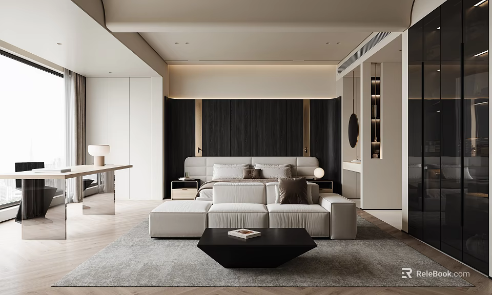 Modern Minimalist Bedroom With Large Bed Gray Rug Black Coffee Table And Wooden Accent Wall 3d model 