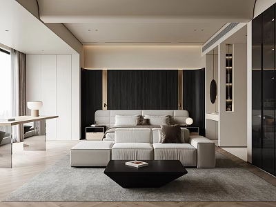Modern Minimalist Bedroom With Large Bed Gray Rug Black Coffee Table And Wooden Accent Wall 3d model