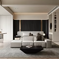 Modern Minimalist Bedroom With Large Bed Gray Rug Black Coffee Table And Wooden Accent Wall