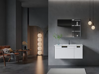 Modern Wall Mounted White Bathroom Vanity Cabinet With Mirror And Green Plant 3d model