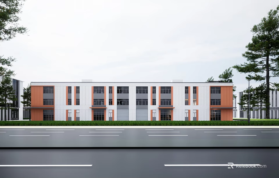 Modern Industrial Factory Exterior Design With Orange White Walls Multi Story Windows And Roadside Greenery 3d model 