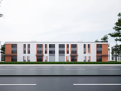 Modern Industrial Factory Exterior Design With Orange White Walls Multi Story Windows And Roadside Greenery 3d model