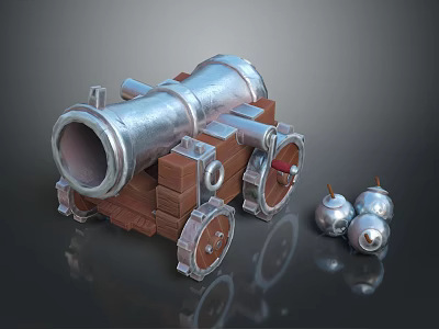 Vintage Cannon Weapon with Metal Barrel Wooden Carriage and Wheels and Cannonballs on Dark Background 3d model
