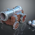 Vintage Cannon Weapon with Metal Barrel Wooden Carriage and Wheels and Cannonballs on Dark Background