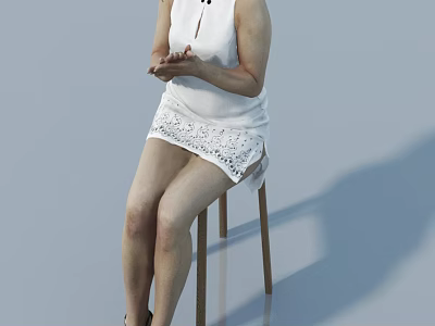 Woman In White Sleeveless Dress Sitting On Chair With Clasped Hands And Light Blue Background 3d model