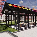 Villa Balcony With Colorful Glass Roof Black Frame Outdoor Seating Pink Cherry Trees And Lawn