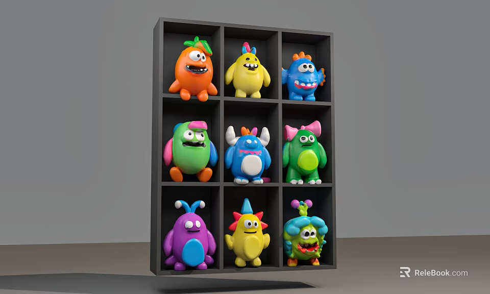 Storage Shelf with Colorful Cartoon Monster Toys in Grid Compartments for Kids Room Organizing 3d model 