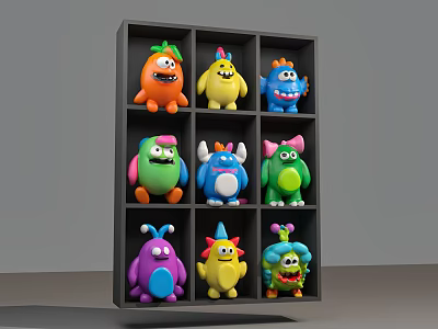 Storage Shelf with Colorful Cartoon Monster Toys in Grid Compartments for Kids Room Organizing 3d model