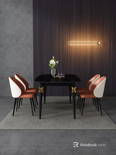 Modern Table and Chair Set with Black Marble Top Gold Legs Orange White Leather Chairs 3d model 
