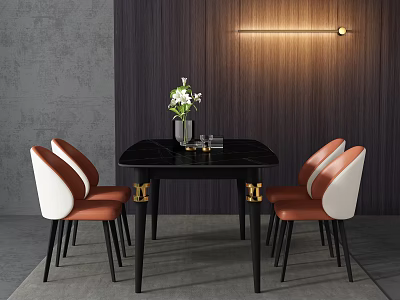 Modern Table and Chair Set with Black Marble Top Gold Legs Orange White Leather Chairs 3d model