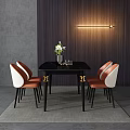 Modern Table and Chair Set with Black Marble Top Gold Legs Orange White Leather Chairs