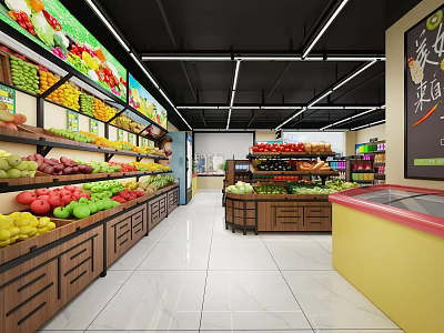 Supermarket Grocery Store With Fresh Fruits Vegetables On Wooden Shelves 3d model