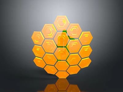 Shiny Orange Hexagon Honeycomb Structure With Green Connecting Lines And Gray Background Reflection 3d model