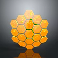 Shiny Orange Hexagon Honeycomb Structure With Green Connecting Lines And Gray Background Reflection