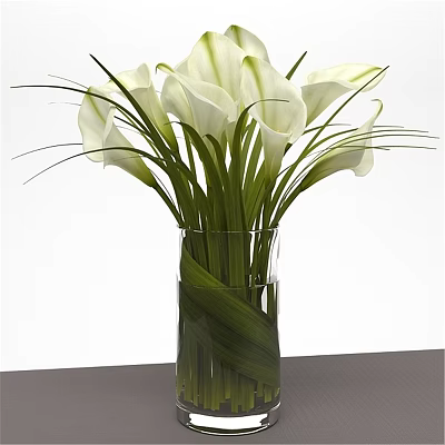 Decorative Ornament Set Clear Glass Vase With White Calla Lilies Green Leaves On Dark Table 3d model