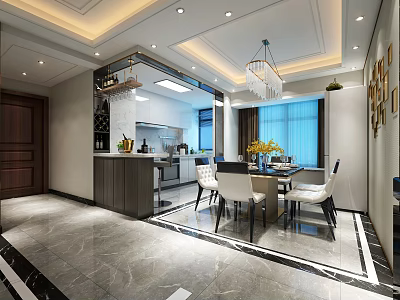 Elegant Modern Dining Room With Open Kitchen Marble Floor And Chandelier 3d model