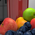 Black DeLonghi Coffee Machine With Red Cup And Fresh Fruit Platter In Kitchen