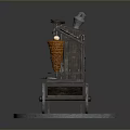 Traditional Wooden Kebab Cart With Rotating Skewer Wheel And Stone Tile Base