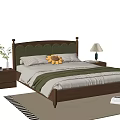 Double Bed with Green Tufted Headboard Wooden Frame Bedside Tables Lamp Green Blanket and Rug