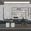 Modern Tea Room Interior With Open Shelves Tea Sets Long Table And Stools 3d model