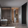Elegant Modern Bathroom Interior with Double Vanities Freestanding Bathtub Wooden Accents and Marble Floor