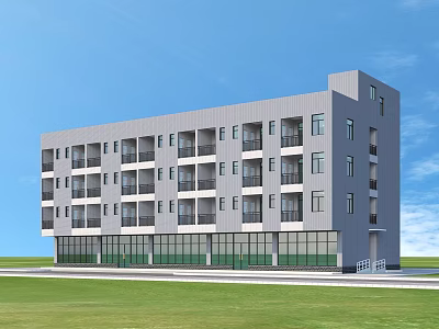 Modern Residential Building with Gray Exterior Multiple Balconies Glass Ground Floor Green Lawn and Sky 3d model