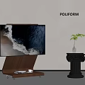 Poliform Modern TV On Wooden Stand With Black Column Side Table And Green Plant