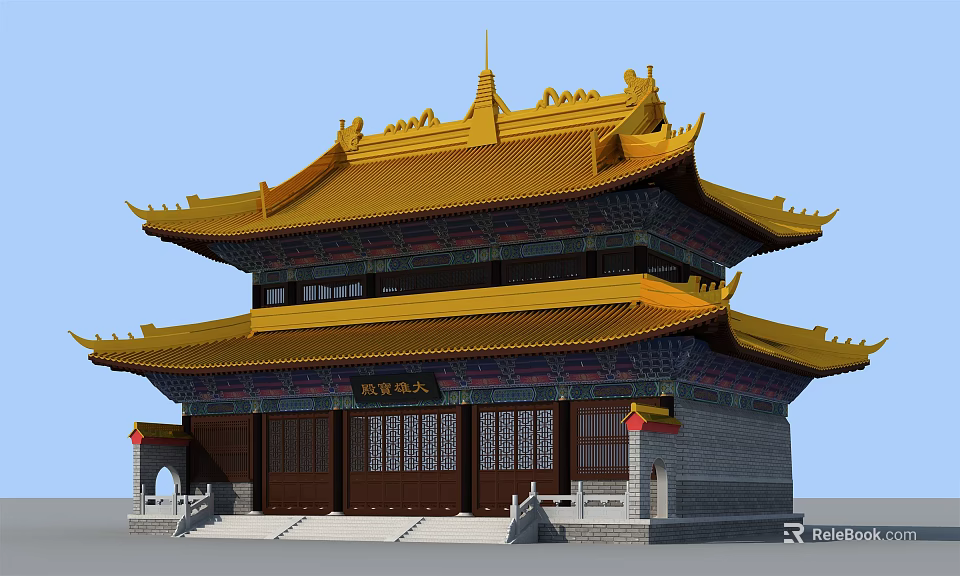 Traditional Ancient Chinese Architecture With Yellow Roof Overhanging Eaves And Two Story Wooden Doors 3d model 