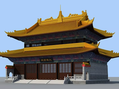 Traditional Ancient Chinese Architecture With Yellow Roof Overhanging Eaves And Two Story Wooden Doors 3d model