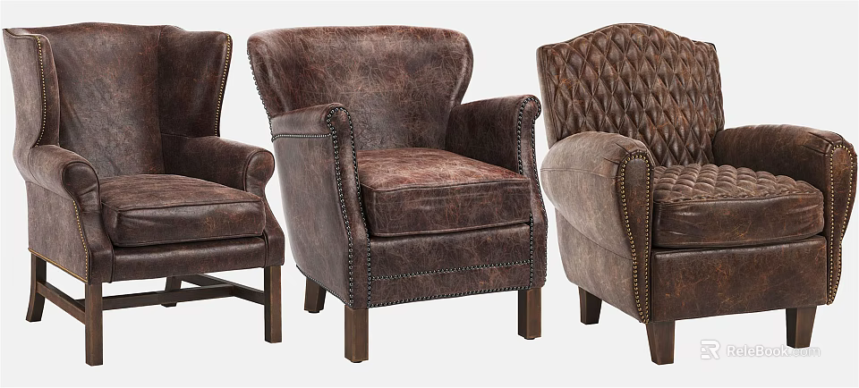 Three Different Brown Leather Armchairs with Tufted Studded Details and Wingback Styles 3d model 