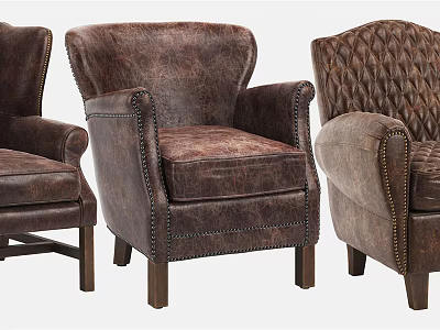 Three Different Brown Leather Armchairs with Tufted Studded Details and Wingback Styles 3d model