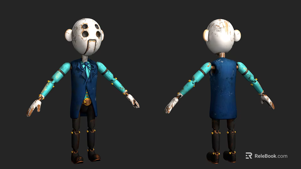 Game Movie Character Design With White Head Blue Coat And Mechanical Arms 3d model 
