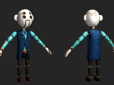 Game Movie Character Design With White Head Blue Coat And Mechanical Arms 3d model