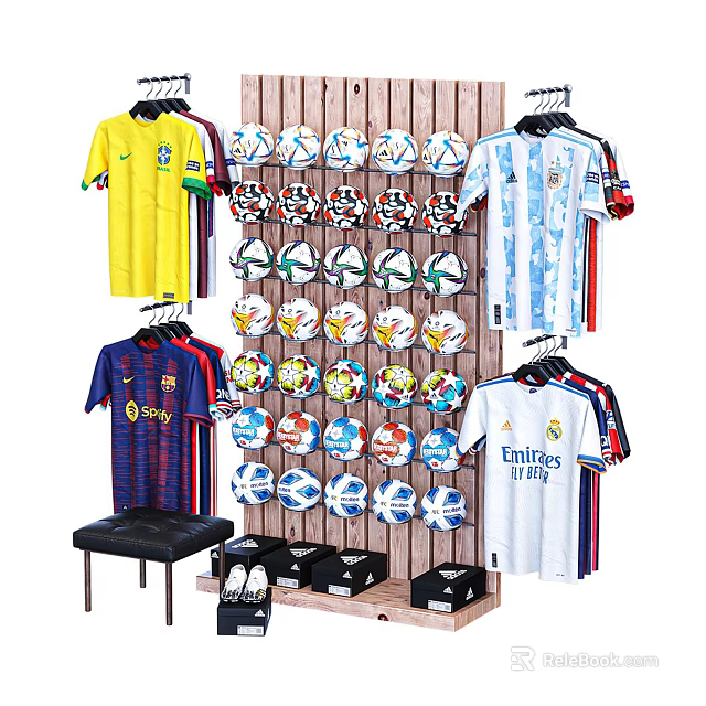 Colorful Football Jerseys Display With Wooden Rack Soccer Balls And Shoe Boxes 3d model 