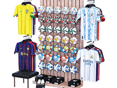 Colorful Football Jerseys Display With Wooden Rack Soccer Balls And Shoe Boxes 3d model