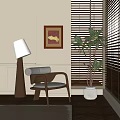 Modern Accent Chair With Wooden Frame White Cushion And Floor Lamp Near Window Blinds