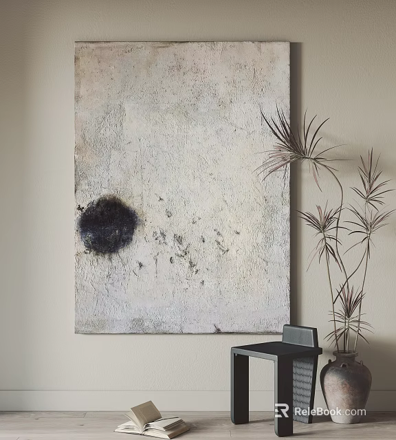 Gray White Abstract Painting With Dark Circle And Tall Leafy Plant Beside Black Side Table 3d model 