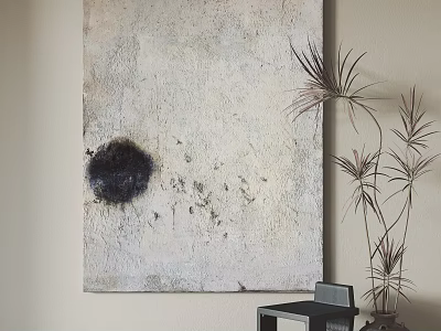Gray White Abstract Painting With Dark Circle And Tall Leafy Plant Beside Black Side Table 3d model