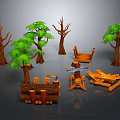 Cartoon Forest Scene With Leafy And Bare Trees Logs Axe And Wooden Bench Elements 3d model