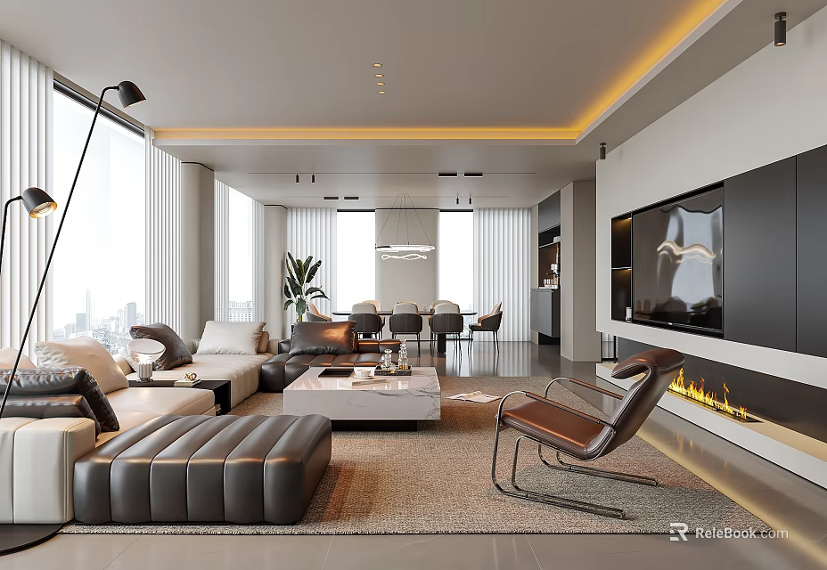 Modern Living Room Interior Design With Large Windows Sofa Coffee Table Floor Lamp And Fireplace 3d model 