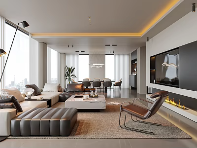 Modern Living Room Interior Design With Large Windows Sofa Coffee Table Floor Lamp And Fireplace 3d model