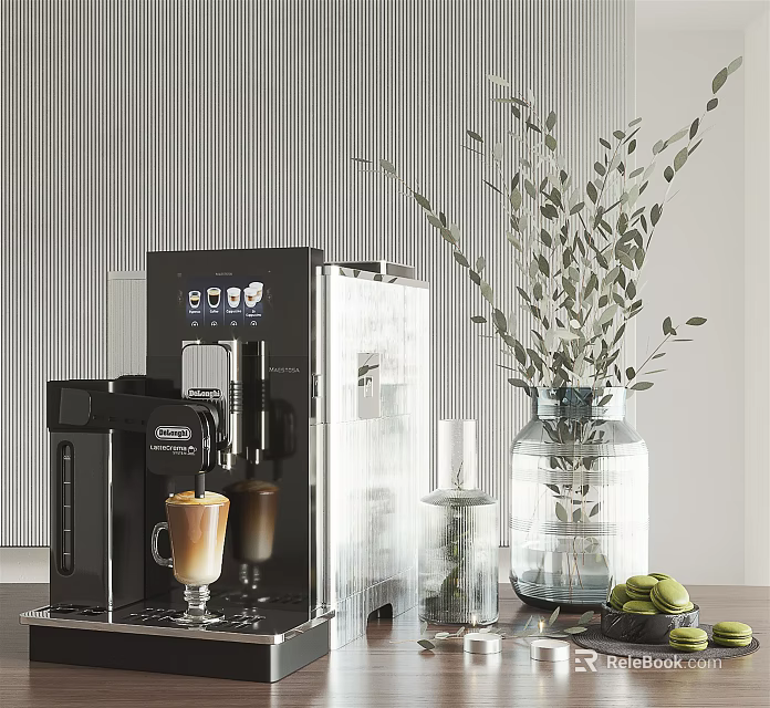 Modern Kitchen Coffee Machine With Green Plants Vase And Macarons 3d model 