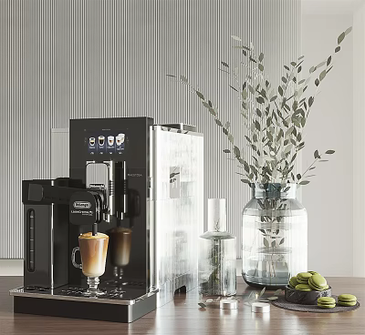 Modern Kitchen Coffee Machine With Green Plants Vase And Macarons 3d model
