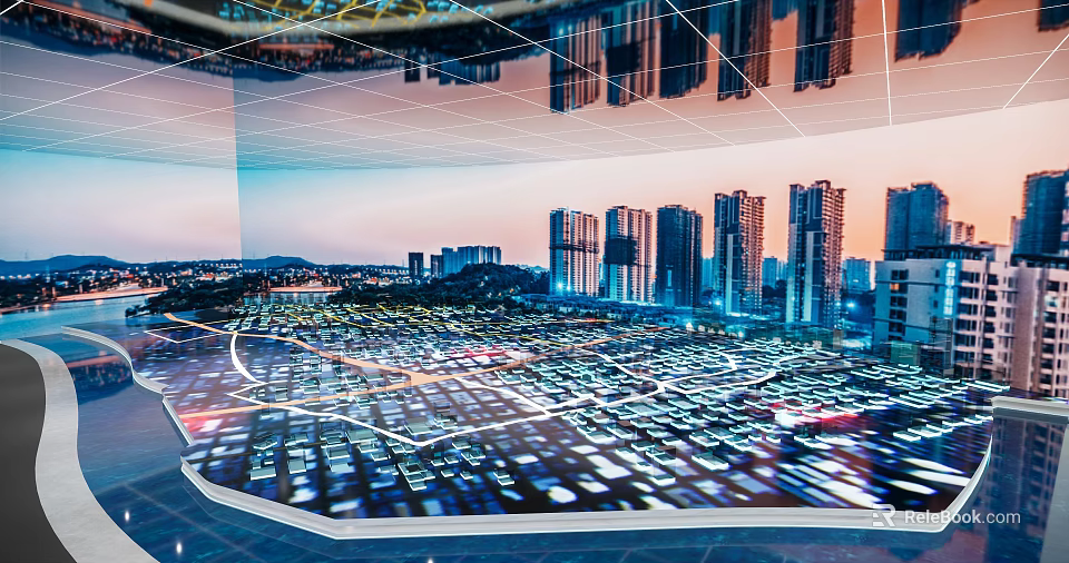 Futuristic Urban Cityscape With Skyscrapers Digital Grid Traffic Network And Night Lights 3d model 