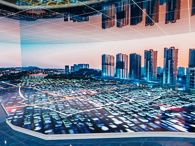 Futuristic Urban Cityscape With Skyscrapers Digital Grid Traffic Network And Night Lights 3d model